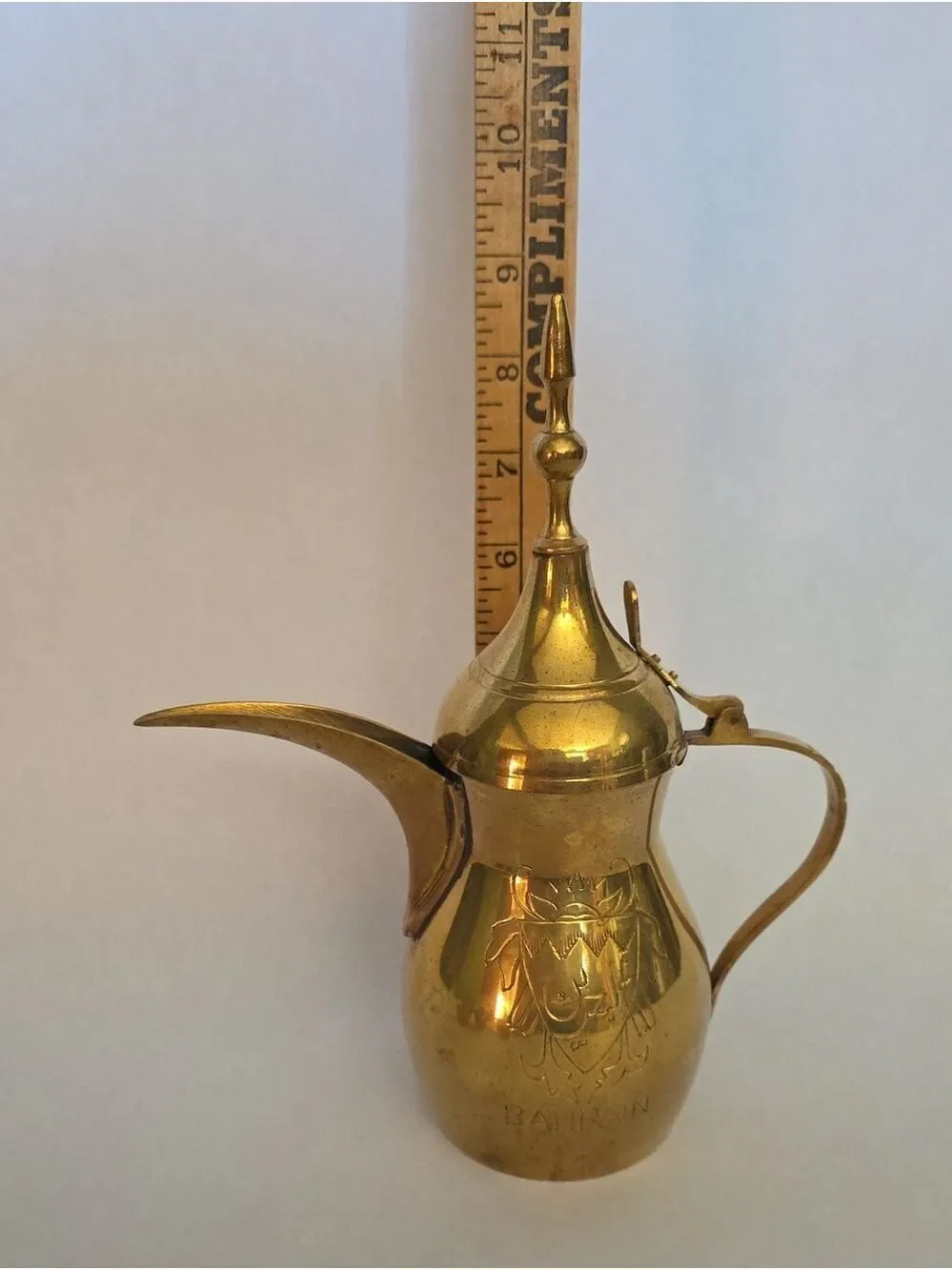 Vintage Brass Bahraini Brass Dallah Set with (6) Cups - MCM Arabic Coffee Pot